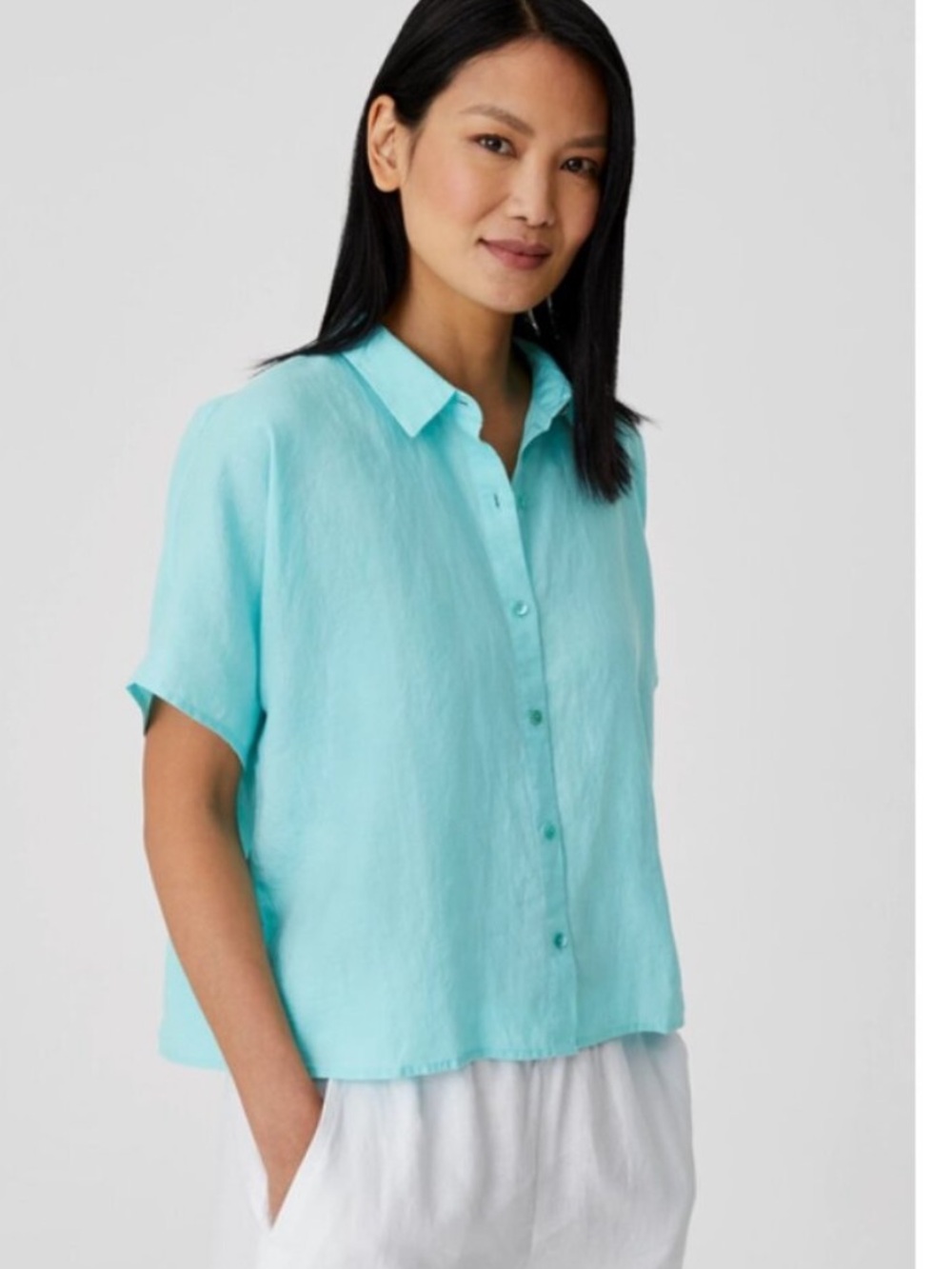 [Eileen Fisher] Organic Handkerchief Linen Classic Collar Short-Sleeve Shirt